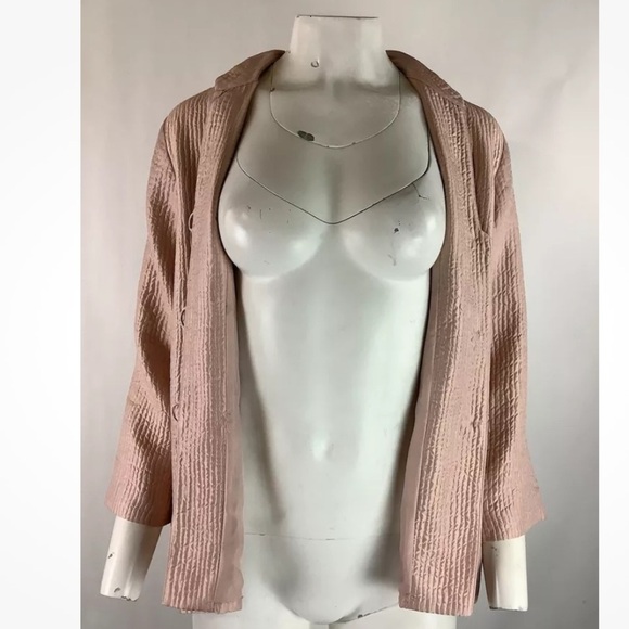 Eileen Fisher Sz XS Crepe Satin Silk Ribbed Button Cardigan Pink Mock Neck - Picture 2 of 9